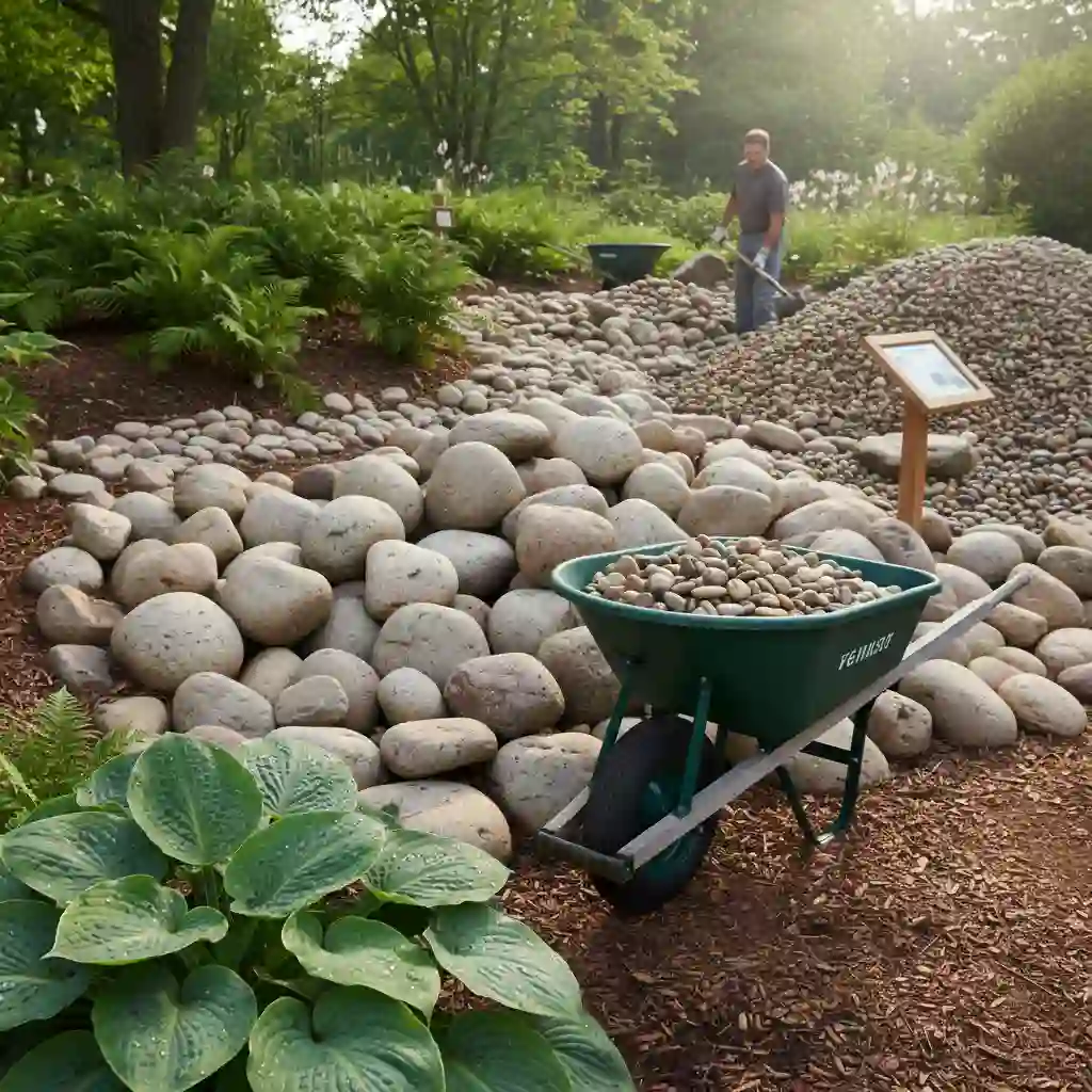 Landscaping project showing river rocks spread with wheelbarrows, explaining how much is a yard of river rock