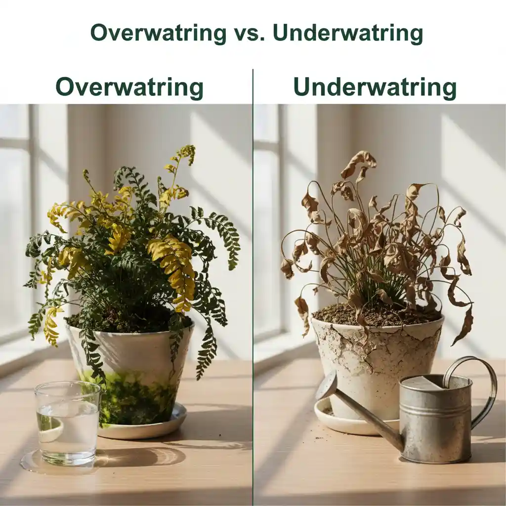Overwatering vs underwatering plants comparison showing yellow leaves in wet soil and dry wilted leaves in dry soil