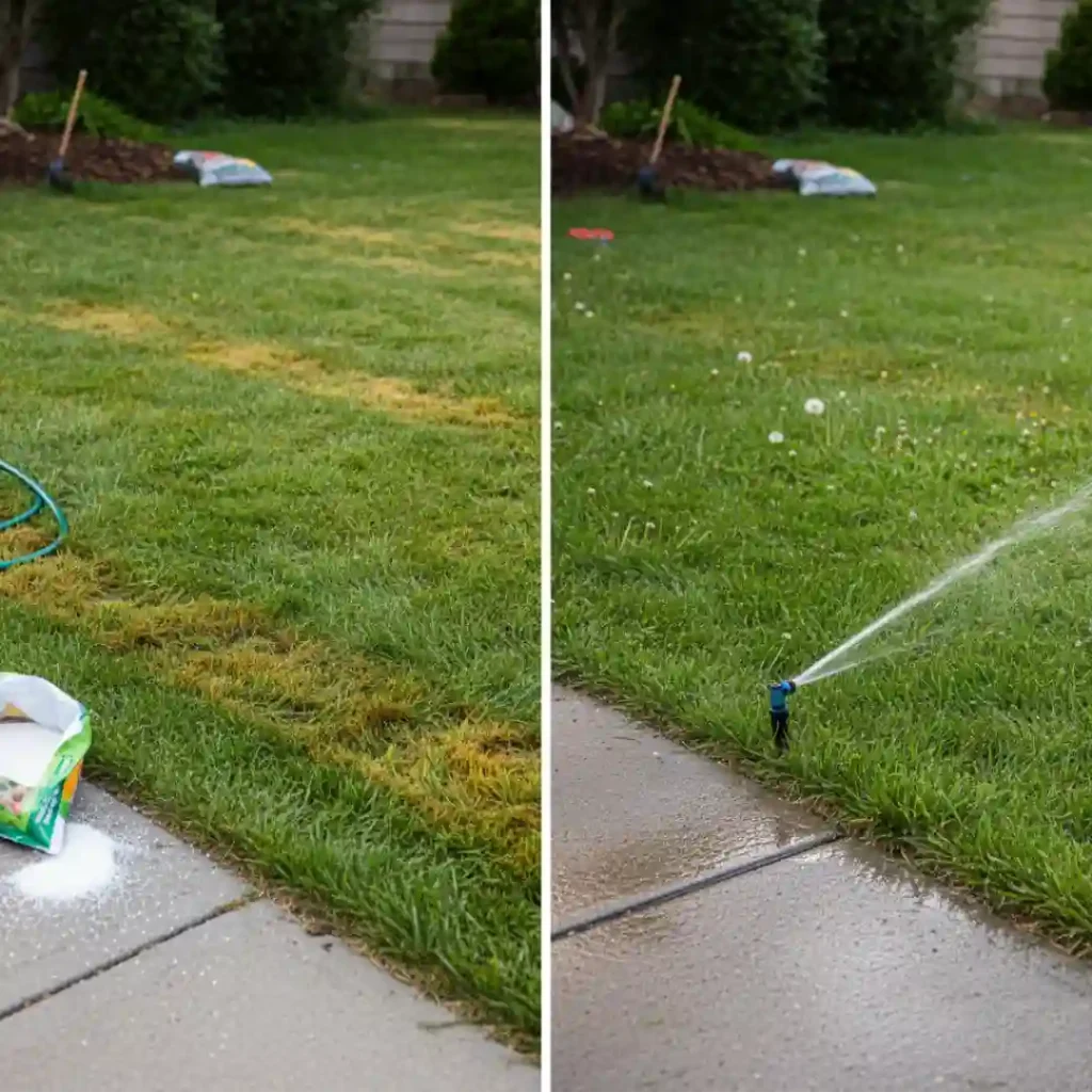 Lawn with fertilizer burn patches beside a sidewalk and sprinkler watering grass for recovery