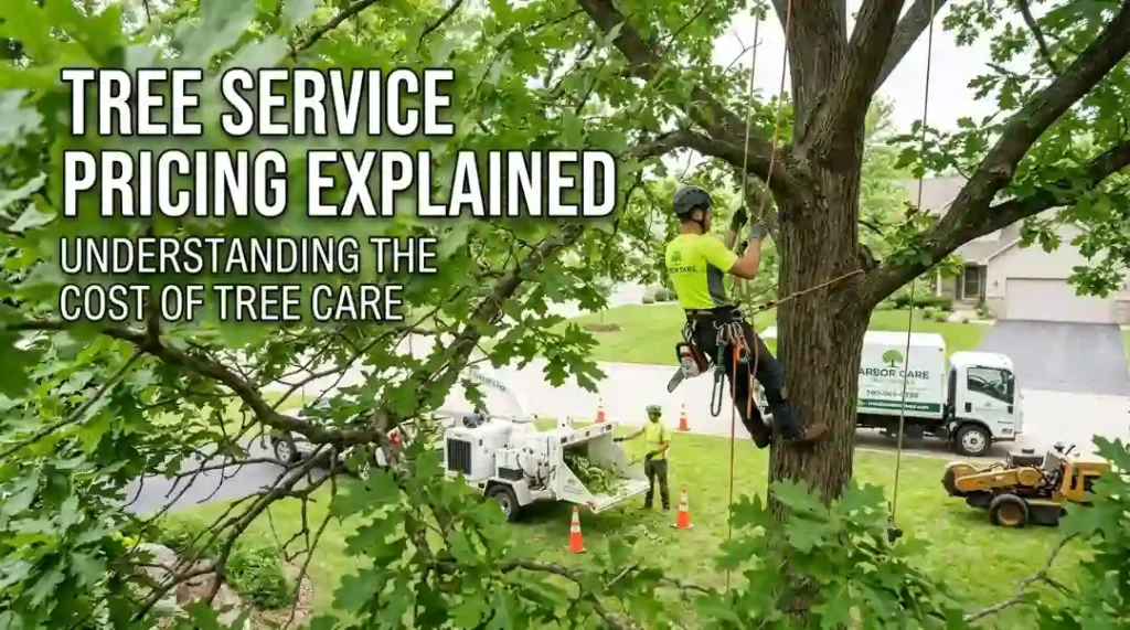 Professional arborist performing tree work with safety gear, illustrating tree service pricing and care standards
