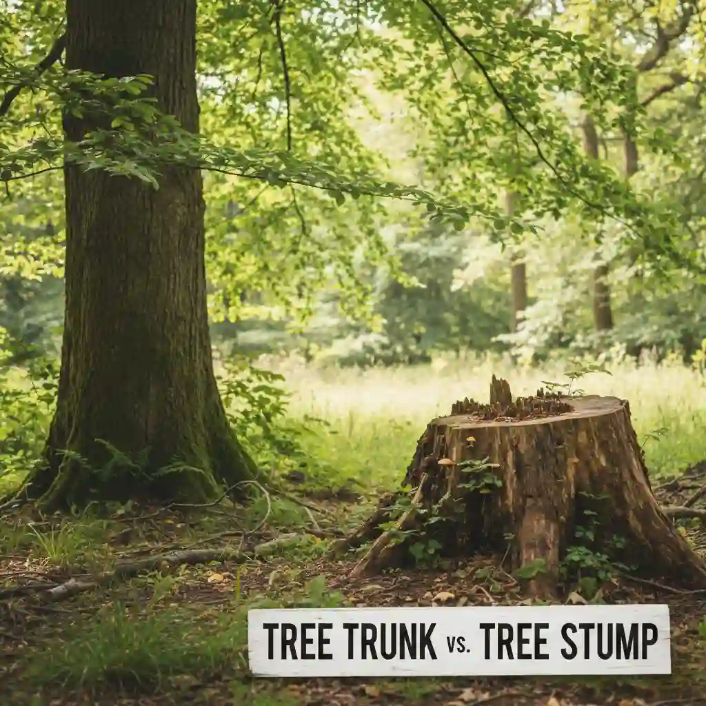 Tree trunk next to tree stump showing the difference and how to get rid of tree trunks properly