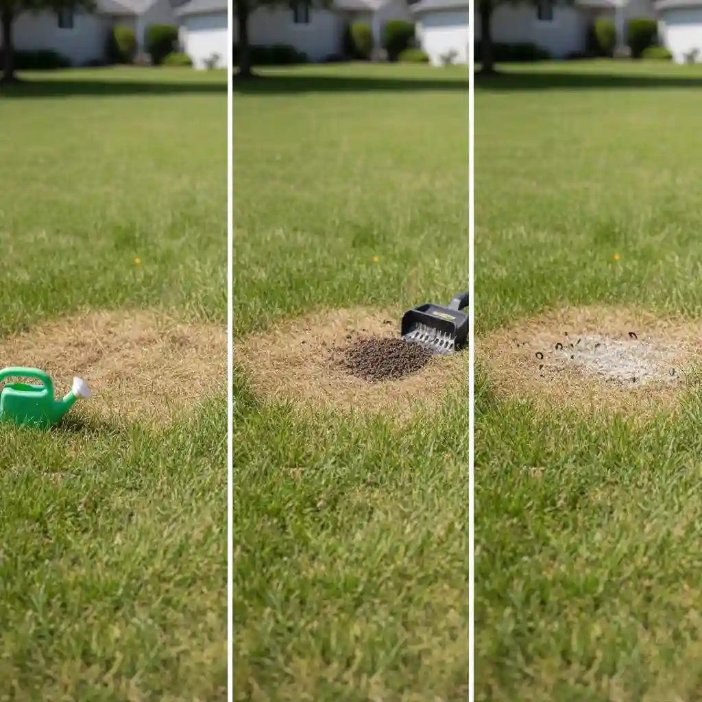 Brown patch lawn repair process showing treatment steps for grass damage and brown patches in grass