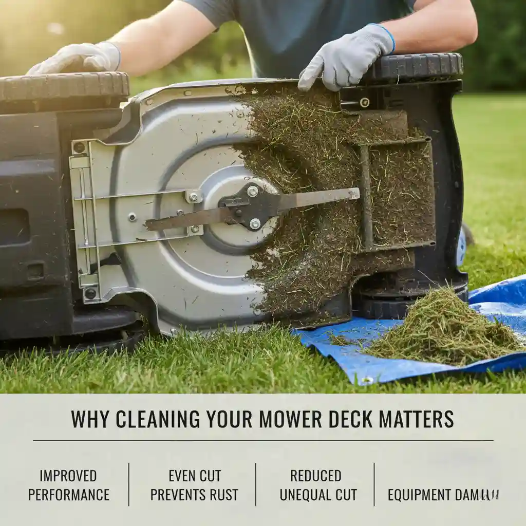 How to clean lawn mower by removing grass buildup under the mower deck to improve cutting performance