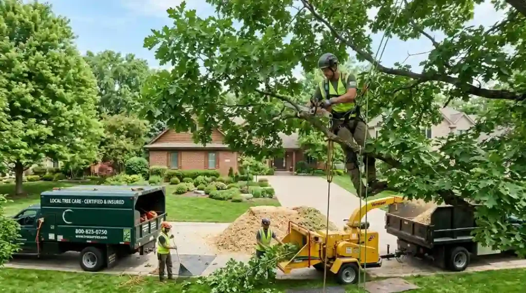 Professional tree service crew safely pruning a large tree using harnesses and equipment at a residential property