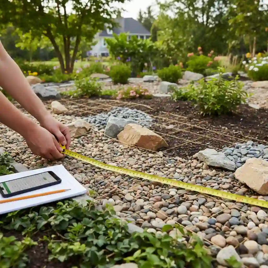 Person measuring river rock landscaping with tape measure to estimate how much is a yard of river rock