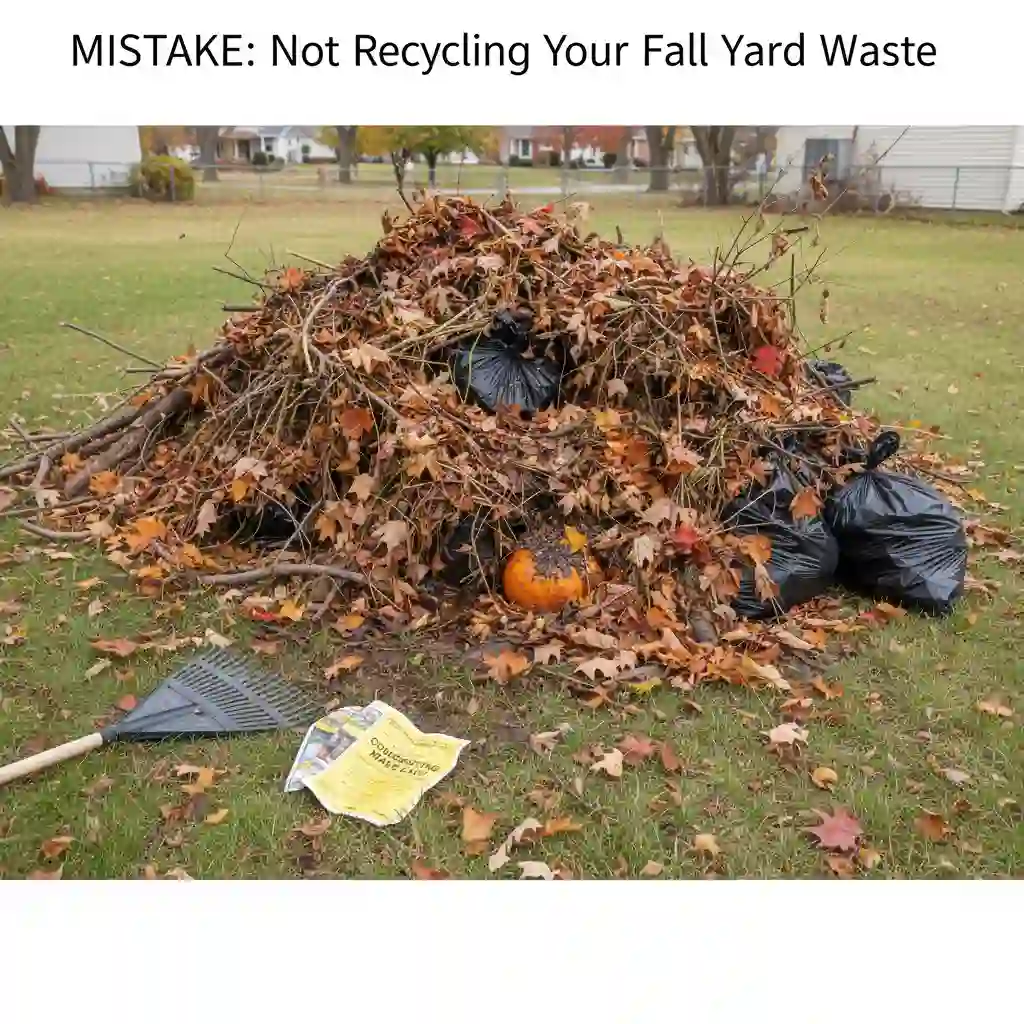 Pile of fall leaves, branches, and yard waste bags on a lawn with rake and scattered debris