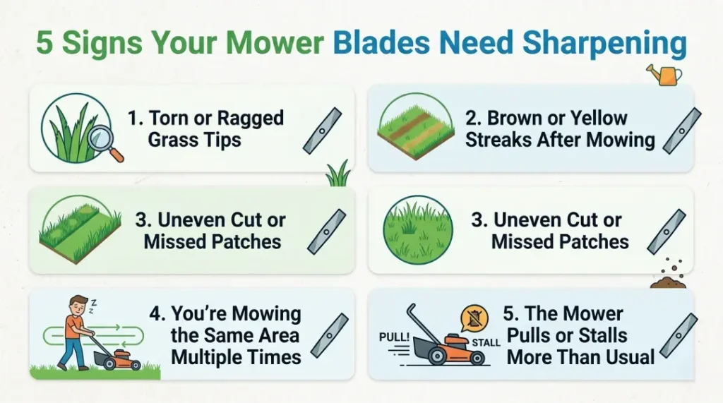 Signs your mower blades need sharpening, showing how often should you sharpen lawn mower blades.