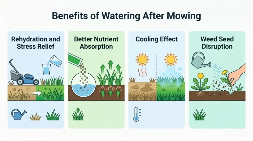 Benefits of Watering After Mowing rehydration, nutrient absorption, cooling effect, and weed seed disruption