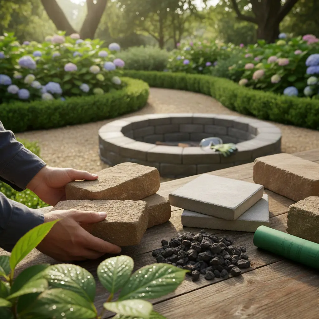 Choosing materials for a low cost fire pit landscape design using stone blocks, pavers, and gravel base