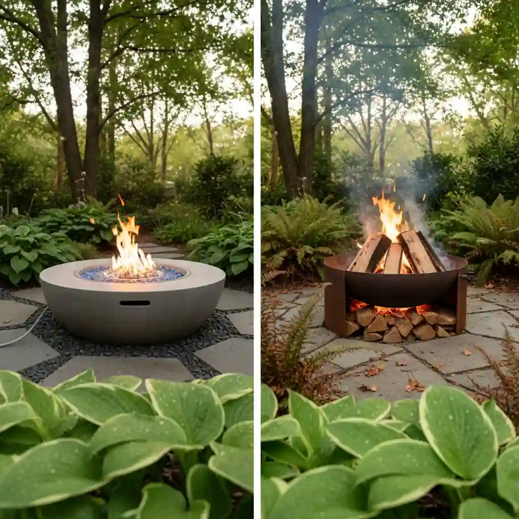Gas and wood fire pits in a garden patio for low cost fire pit landscape design ideas