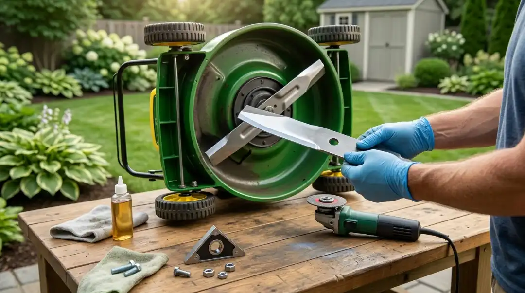 Sharpening lawn mower blades with tools on a workbench, showing how often should you sharpen lawn mower blades.