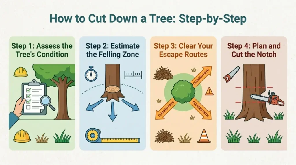 How to cut down a tree step-by-step infographic showing assess, felling zone, escape routes, and notch cut