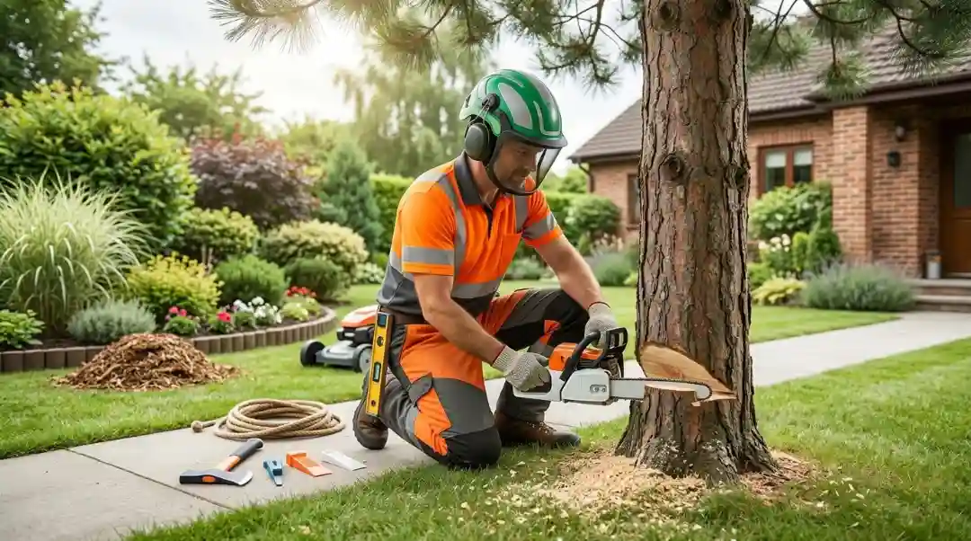 Worker cutting a tree with a chainsaw in a yard, showing how to cut down a tree safely with proper gear.