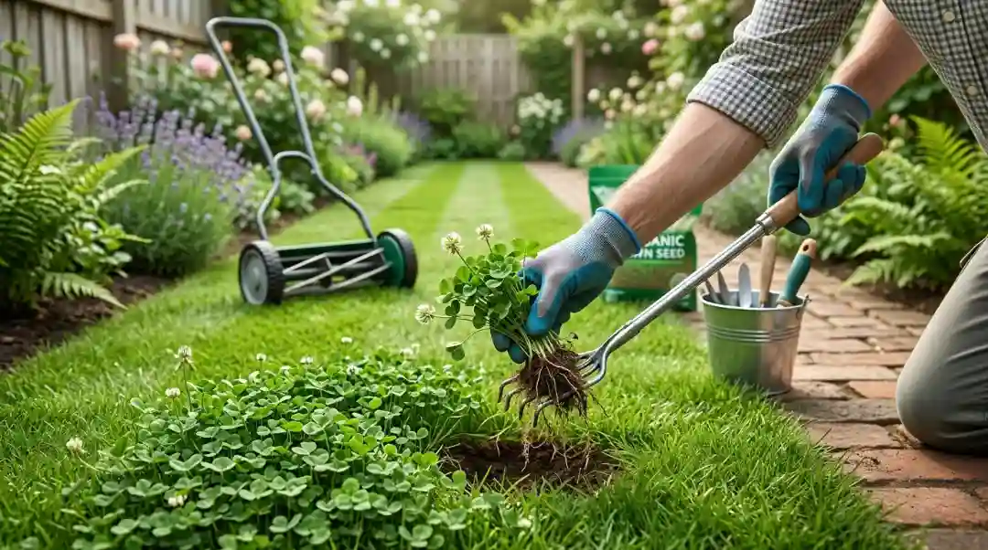 Person removing clover weeds from a lawn with tools, showing how to get rid of clover grass on lawn naturally.