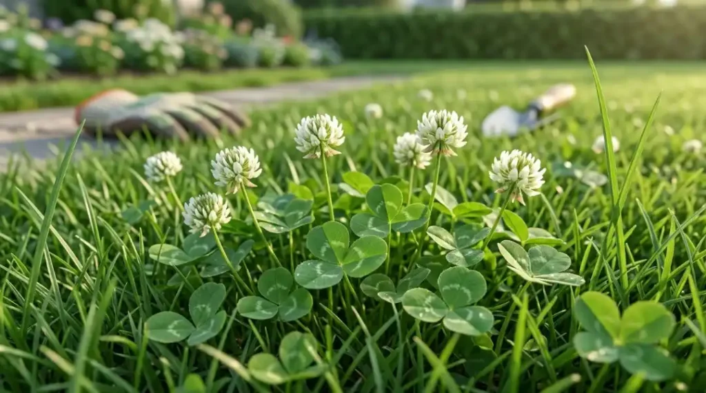 Close-up of white clover growing in grass, showing how to get rid of clover grass on lawn.