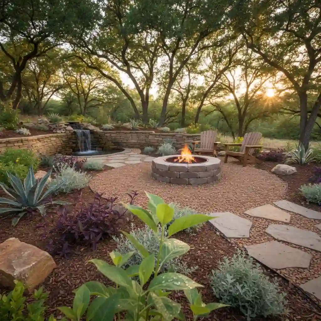 Low cost backyard fire pit landscape design with gravel base, stone seating, and natural plants