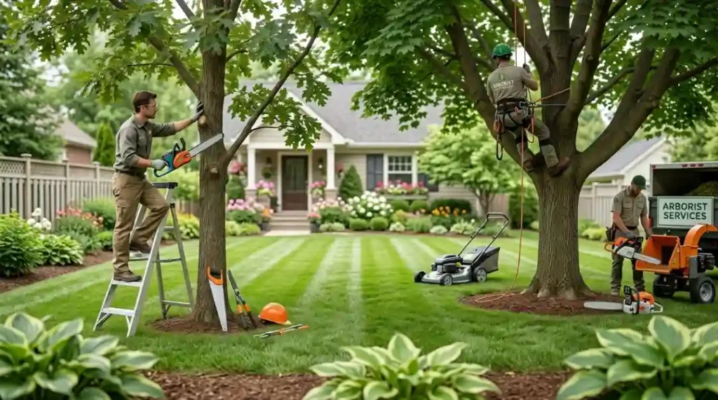 Arborists trimming trees in a yard, showing safer options than doing how to cut down a tree yourself.