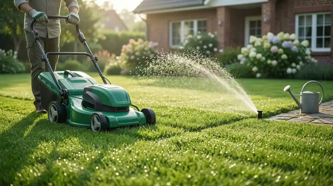Should You Water Your Lawn After Mowing homeowner mowing green lawn with sprinkler running in morning light