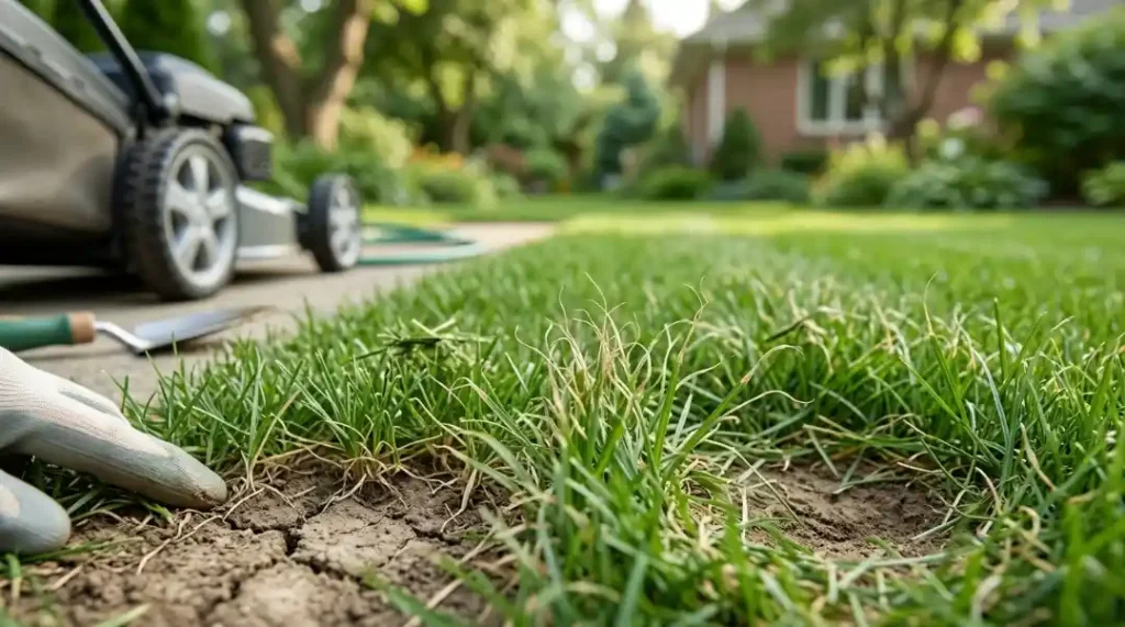 Signs You Should Water Your Lawn After Mowing dry cracked soil and stressed grass blades after mowing