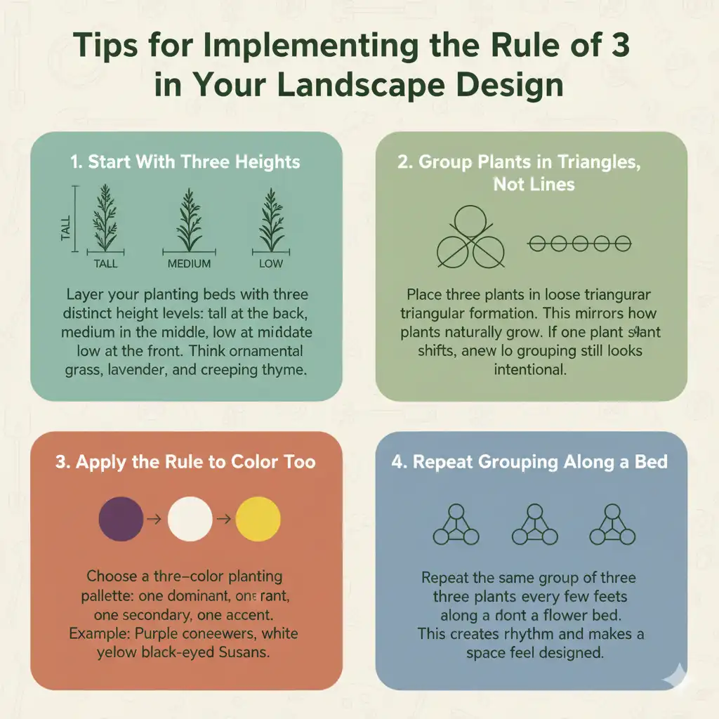 Infographic explaining what is the rule of 3 in landscaping with plant grouping, height layers, and garden design tips