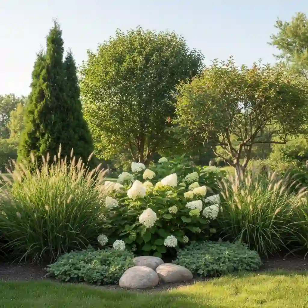 Garden bed with three shrubs and ornamental grasses showing what is the rule of 3 in landscaping