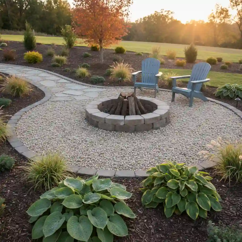 Low cost fire pit landscape design with gravel base, curved stone edging, and simple backyard seating Low cost fire pit landscape design with gravel base, curved stone edging, and simple backyard seating