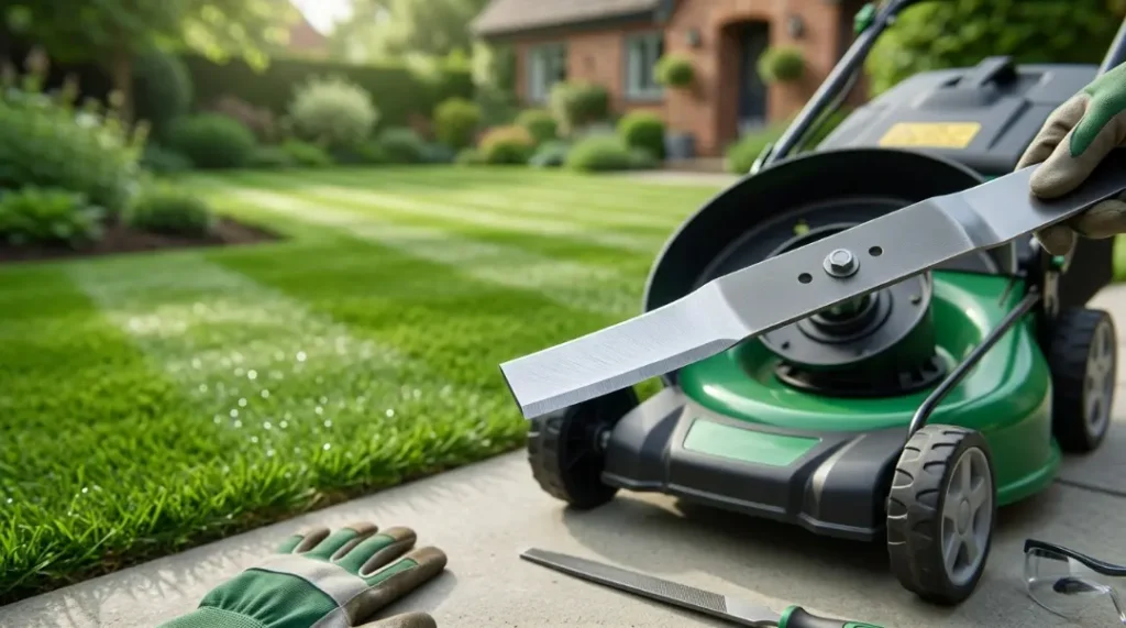 Sharpened lawn mower blade held beside mower, showing how often should you sharpen lawn mower blades.