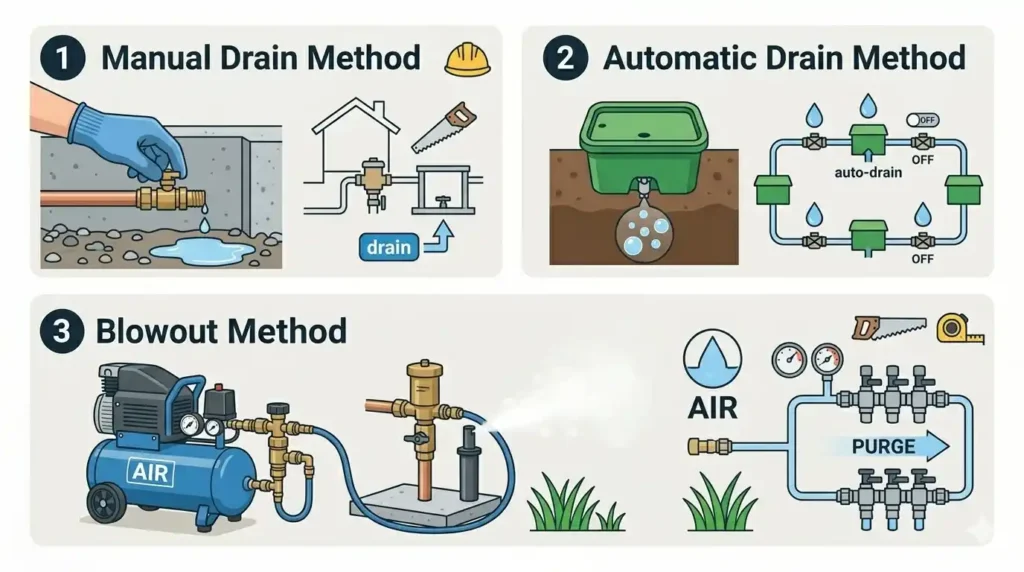 3 methods to winterize sprinkler system — manual drain, automatic drain, and air compressor blowout