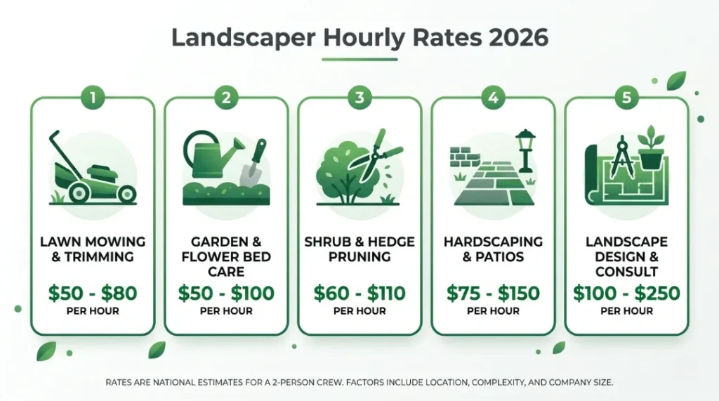 Infographic showing landscaper hourly rates 2026 — lawn mowing $50-$80, garden care $50-$100, shrub pruning 
$60-$110, hardscaping $75-$150, and landscape design 
$100-$250 per hour