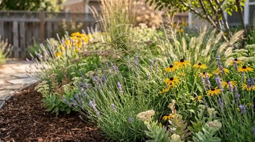 Best plants for low maintenance front yard landscape ideas including lavender, black-eyed Susan, sedum, and ornamental grasses in mulch bed.