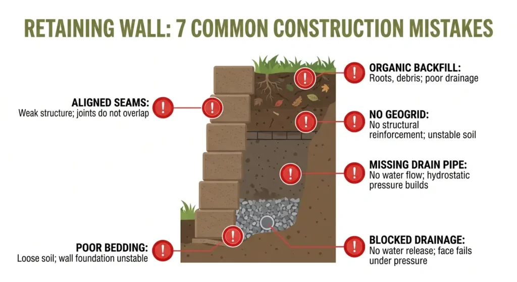 : Infographic showing 7 common retaining wall construction mistakes including aligned seams, missing drain pipe, no geogrid, organic backfill, poor bedding, and blocked drainage causing hydrostatic pressure buildup