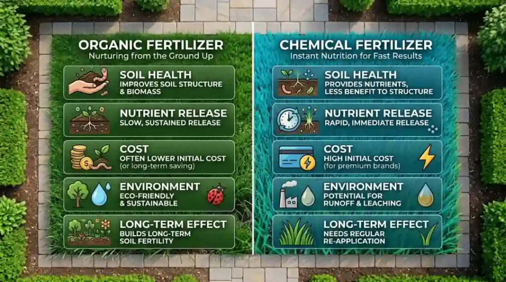organic vs chemical fertilizer comparison infographic showing soil health, nutrient release, cost and environmental impact