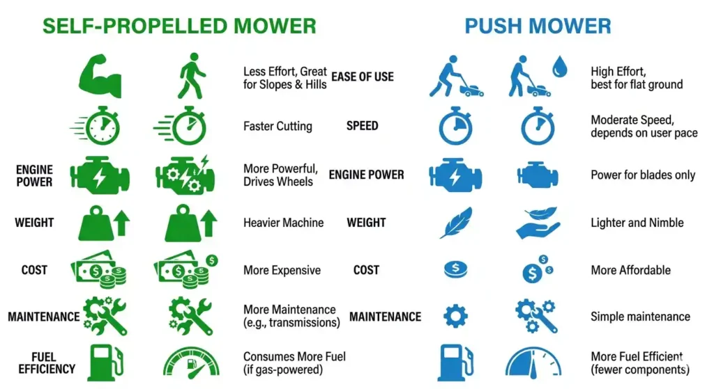 Infographic comparing self-propelled mower vs push mower across six categories: ease of use, speed, engine power, weight, cost, maintenance, and fuel efficiency.
