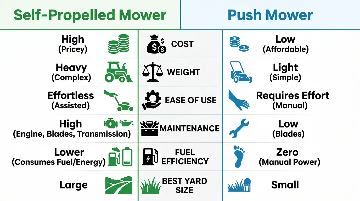 Head-to-head comparison infographic showing self-propelled mower vs push mower differences in cost, weight, ease of use, maintenance, fuel efficiency, and best yard size