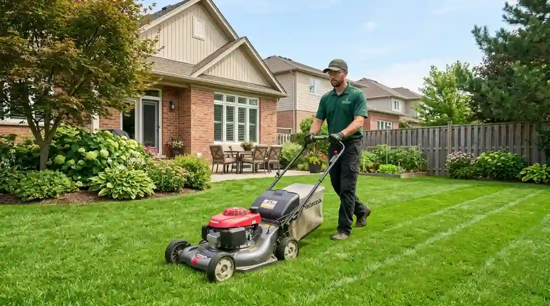 Professional landscaper in green uniform mowing a neat suburban backyard lawn with a Honda mower — illustrating standard landscaping labor and hourly rate services