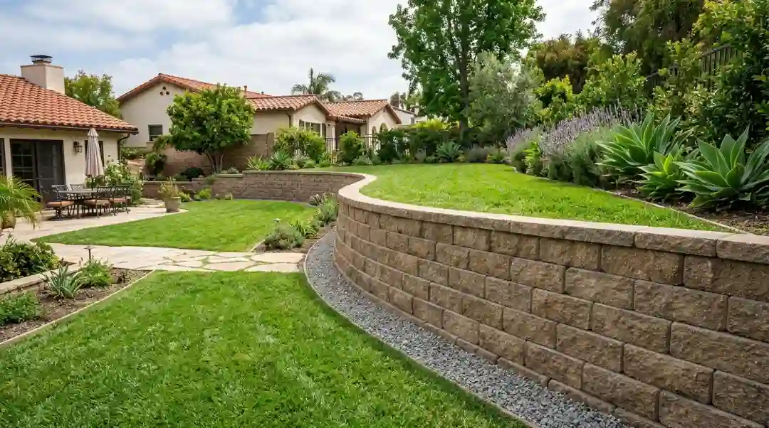 Curved concrete block retaining wall with gravel base and green lawn in a residential backyard showing proper retaining wall block installation