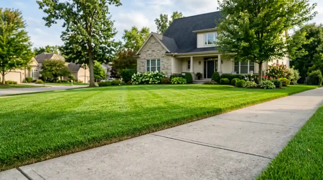 How to edge your lawn with a clean, sharp grass border along a concrete sidewalk in front of a well-manicured suburban home