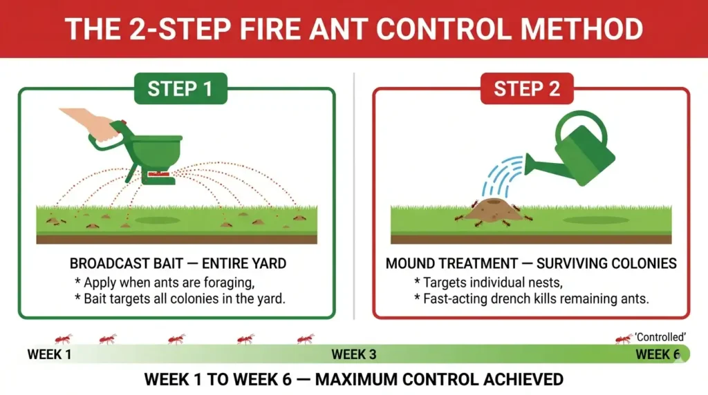 Two-step fire ant control method infographic showing broadcast bait application and liquid mound drench treatment for yard-wide colony elimination