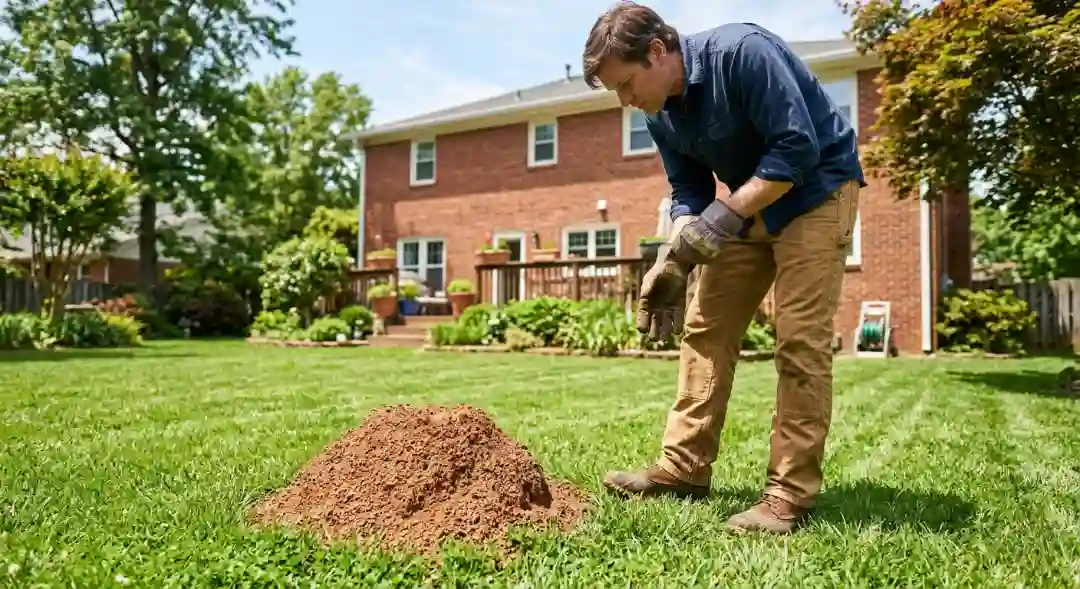Homeowner in gardening gloves inspecting a fire ant mound in a green backyard lawn