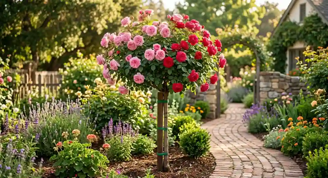 A staked rose tree standard with pink and red blooms growing in a sunny garden with a brick pathway, showing how to grow a rose tree properly