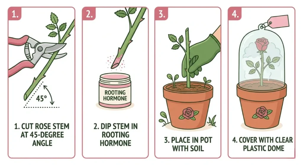 4-step illustration showing how to plant a rose tree cutting — cutting stem at 45-degree angle, dipping in rooting hormone, placing in soil pot, and covering with clear plastic dome