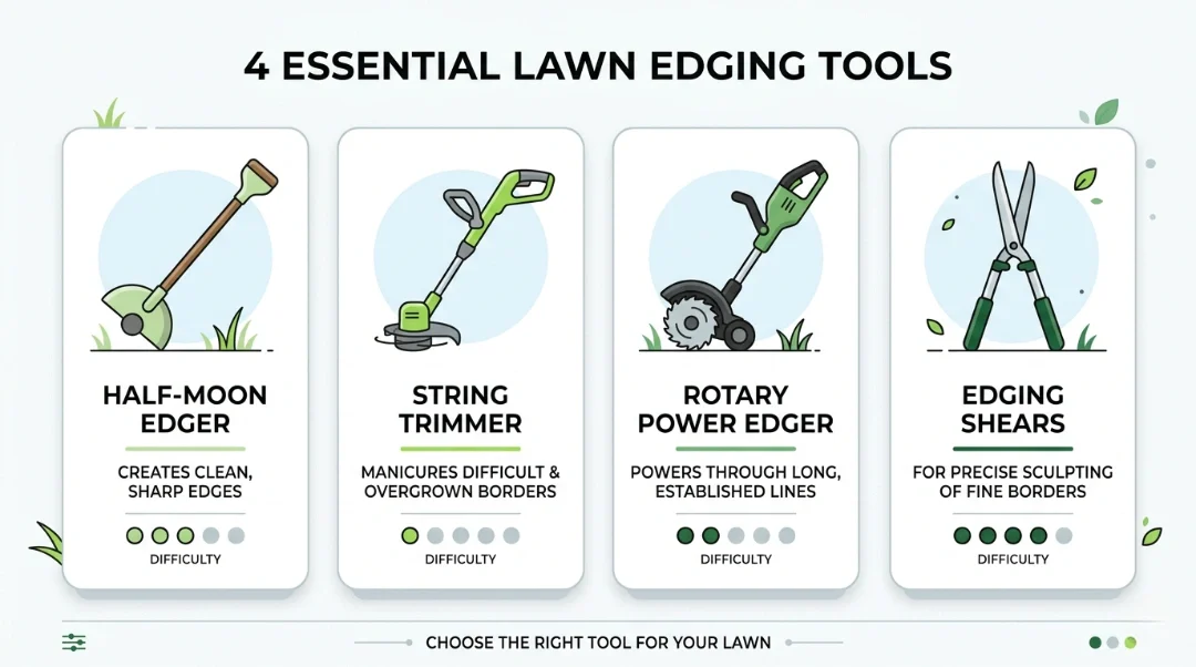 Infographic showing 4 essential lawn edging tools: half-moon edger, string trimmer, rotary power edger, and edging shears with difficulty ratings