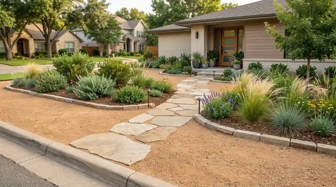 Low maintenance front yard landscape ideas with flagstone path, ornamental grasses, native shrubs, and decomposed granite ground cover.