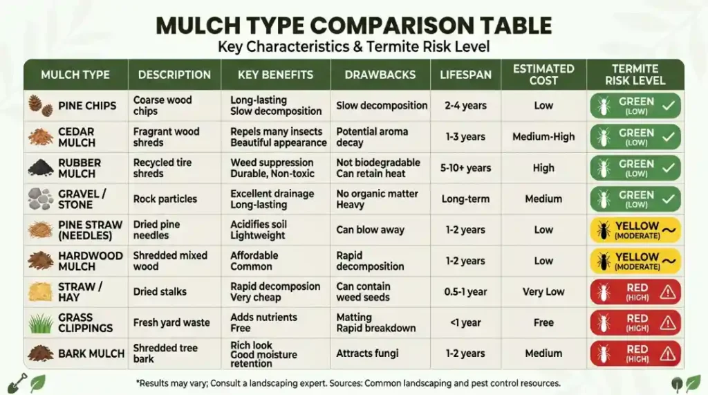 Mulch type comparison table showing termite risk levels for cedar mulch, rubber mulch, bark mulch, pine chips, and gravel by key characteristics