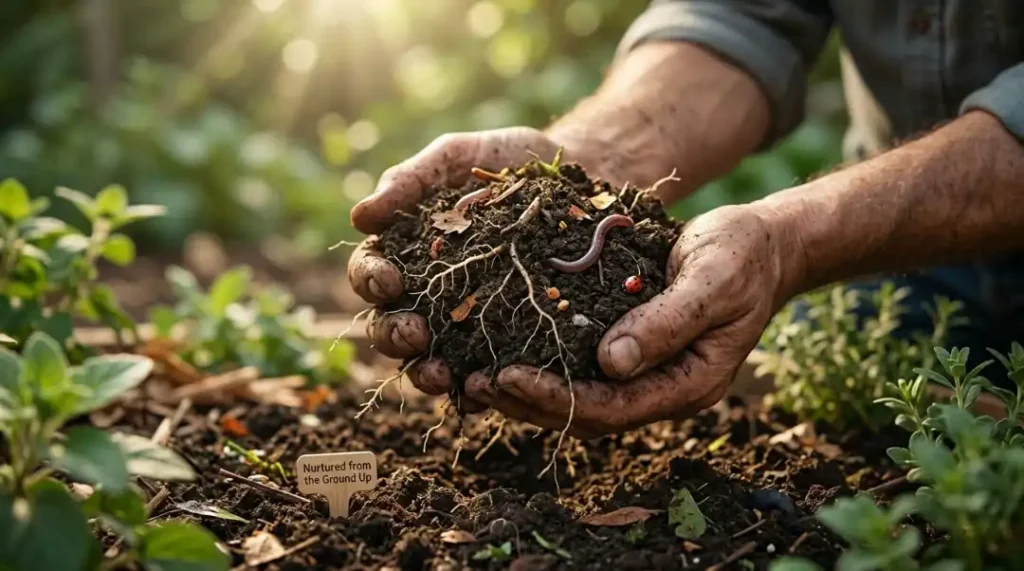 hands holding organic compost soil with earthworms showing soil health and organic fertilizer benefits