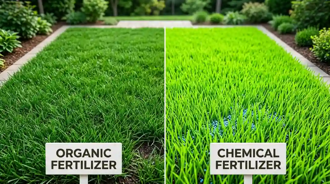 what is non medical home care concept shown with organic vs chemical fertilizer lawn comparison