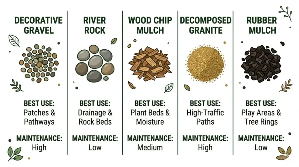 Infographic comparing 5 low maintenance front yard landscape ideas materials: gravel, river rock, wood chip mulch, decomposed granite, rubber mulch.