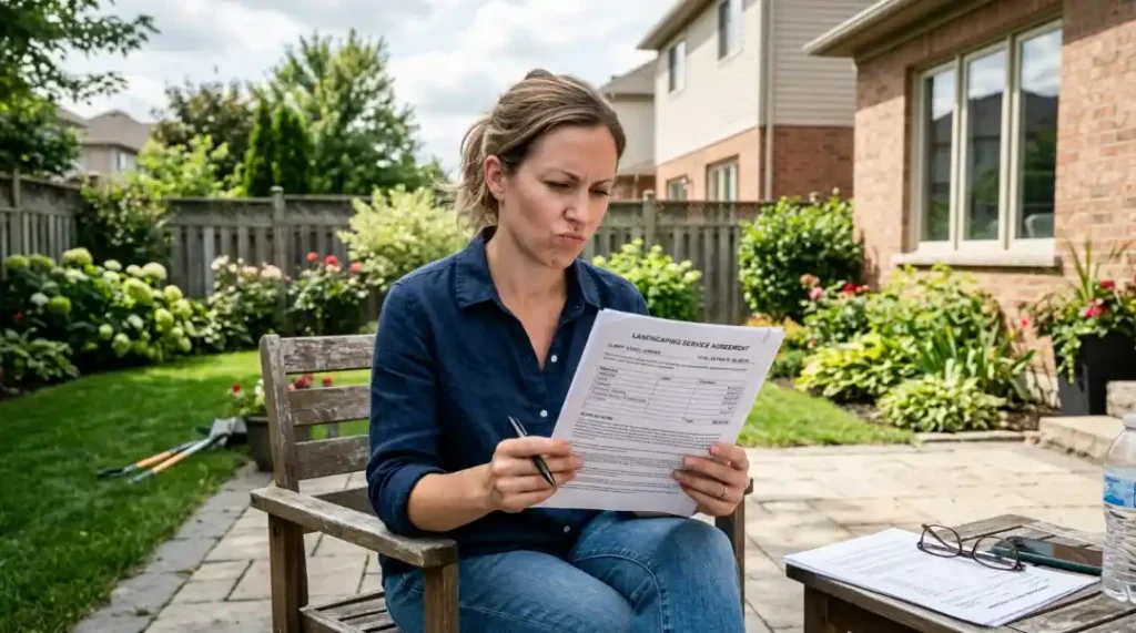 A homeowner sitting outdoors reviewing a landscaping service 
agreement with a cautious expression — highlighting red flags 
to watch for before hiring a landscaper or signing any 
lawn care contract