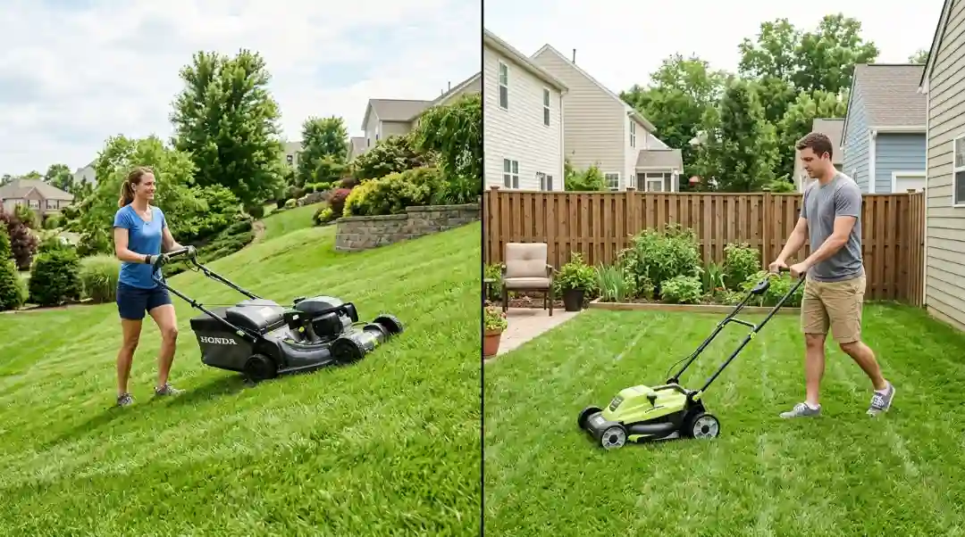 Woman using a Honda self-propelled mower on a sloped backyard lawn, next to a man pushing a lightweight electric push mower on a small flat yard.