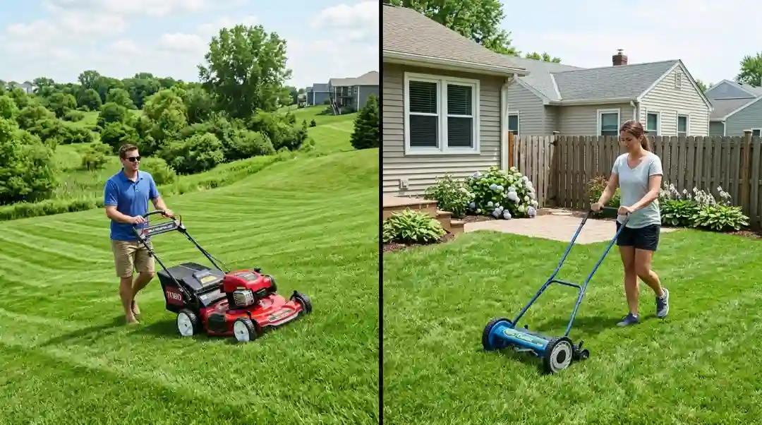 Self propelled vs push mower side by side comparison showing a man using a red self-propelled mower on a large hilly lawn and a woman pushing a blue reel mower in a small flat backyard